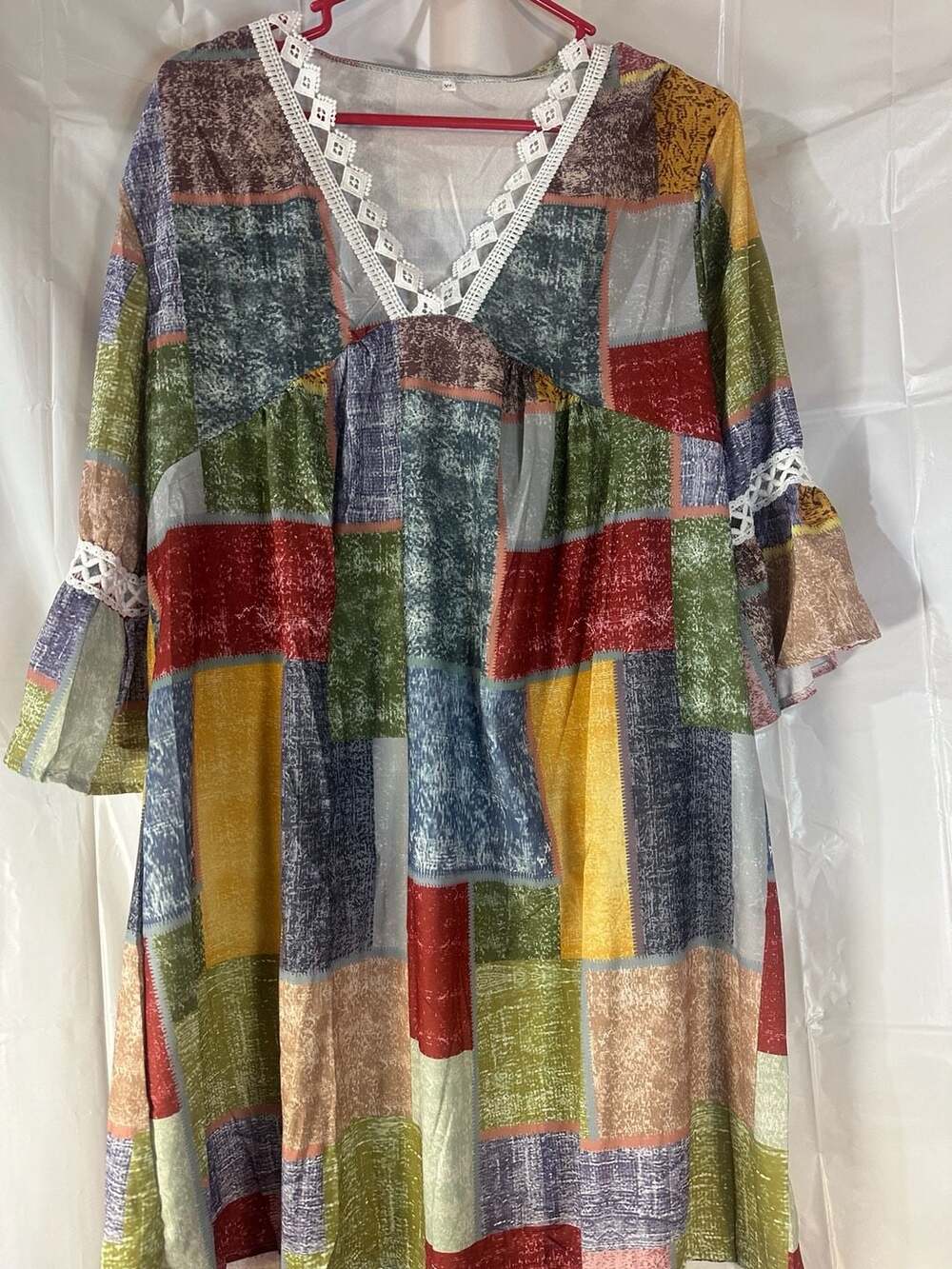 Women's Patchwork Bohemian V-Neck Dress with Lace Trim Sleeves